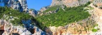 Alghero Fertilia : falaises, végétation, mer bleue.