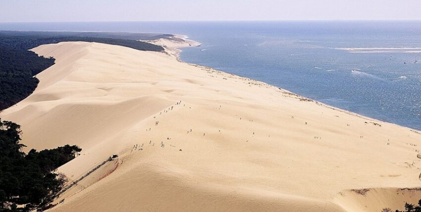 Vue aérienne Dune du Pilat, forêt dense et eau.