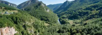 Montagne et vallée verdoyante sous ciel bleu.