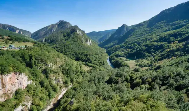 Montagne et vallée verdoyante sous ciel bleu.